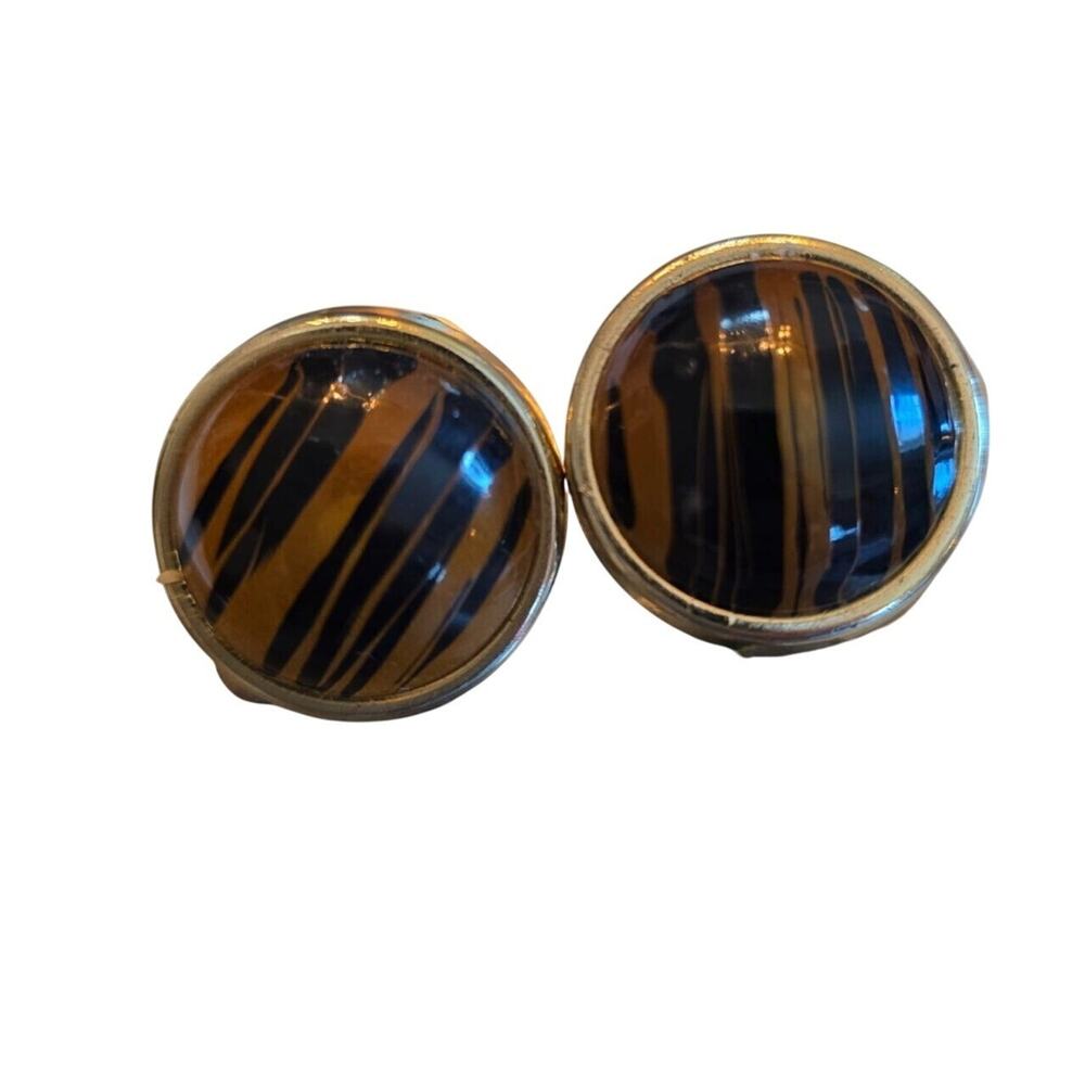Vintage Tiger Stripe Gold-Tone Clip-On‎ Earrings 1"